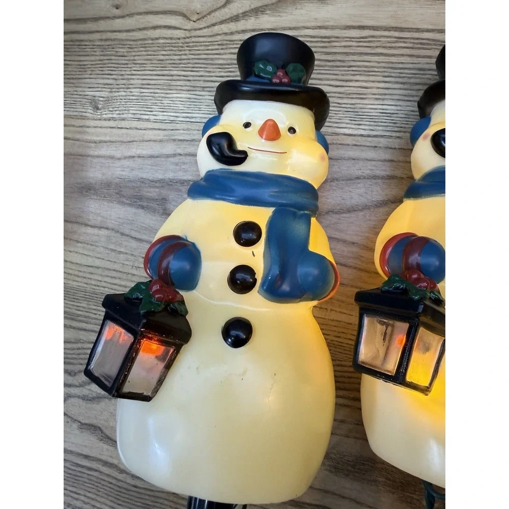 Vintage Blow Mold Snowman Pathway Lights Yard Stakes 4 Snowmen